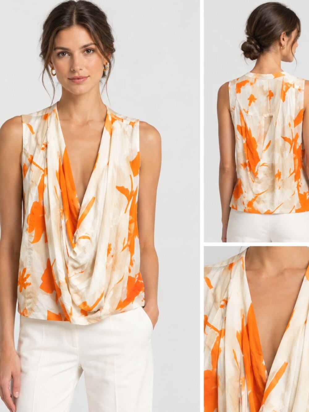 Diane von Furstenberg Orange and Ivory drape blouse